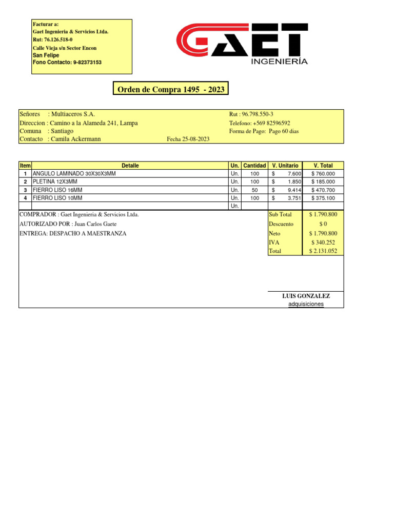 Copia de Orden de Compra 1495 MULTIACEROS 25-08-2023 | PDF | Finanzas y ...