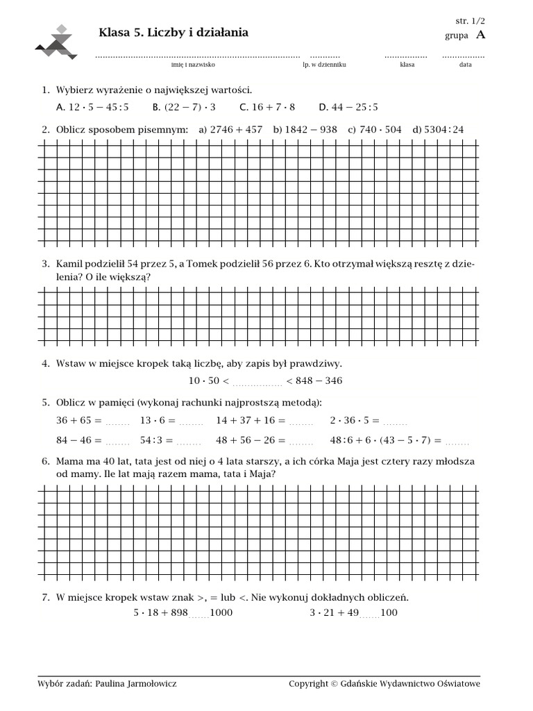 Praca Klasowa Matematyka Klasa 7 Liczby I Działania Klasa 5. Liczby I Działania | PDF