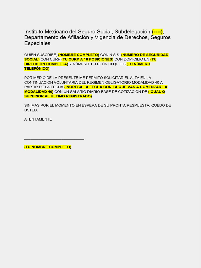 Machote escrito libre modalidad 40 imss pdf