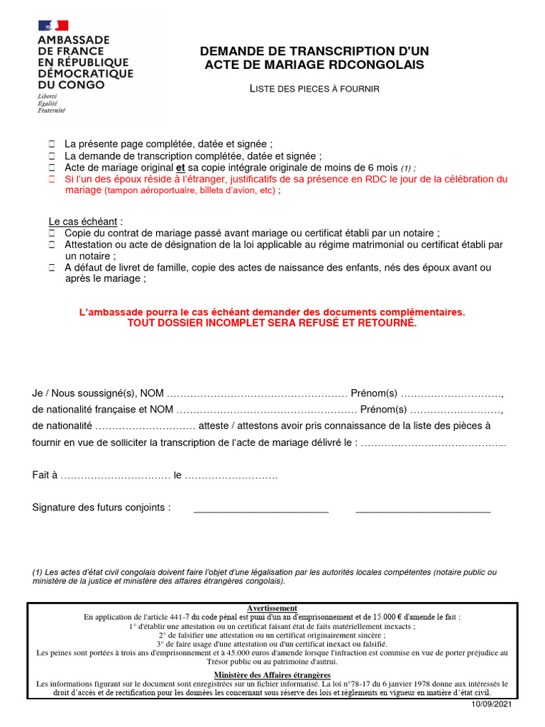 Demande de transcription acte de mariage RDC | PDF | Certificat de ...