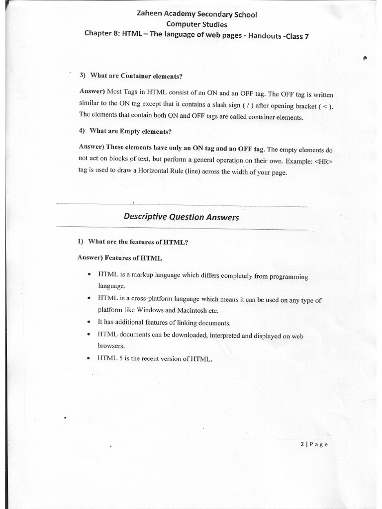 Class 7th Computer CH 8 HTML | PDF