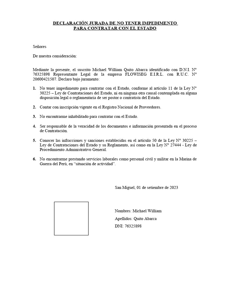 Anexo 4. Declaración Jurada - No Impedimento. Estado | PDF