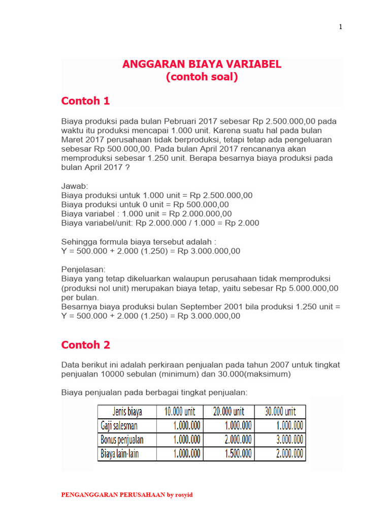 Anggaran Biaya Variabel Perusahaan | PDF | Pengelolaan Keuangan & Uang ...