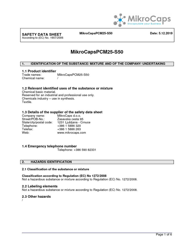 Msds Mikrocapspcm25 s50 | PDF