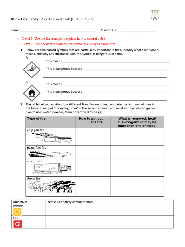 8ec Fire Safety PA Task Student Worksheet PDF