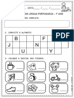 B F J N U Y: Diagnóstica de Língua Portuguesa - 1º Ano
