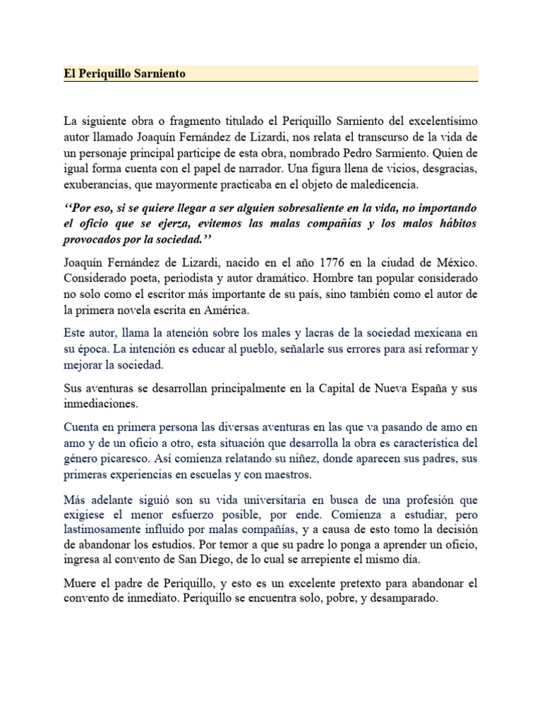 Análisis de El Periquillo Sarniento | PDF | Autor