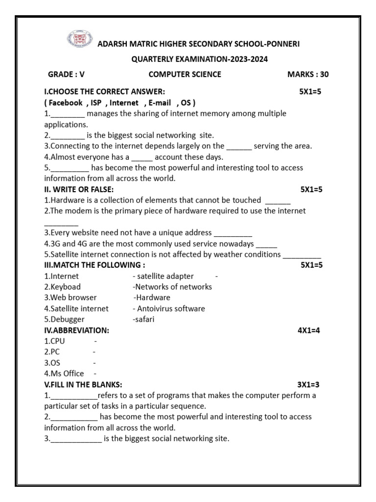 Computer Science Quarterly Exam 2023-24 | PDF | Art | Computers