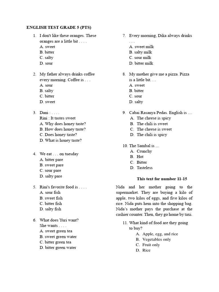 English Test Grade 5 PDF Taste Food And Drink Preparation