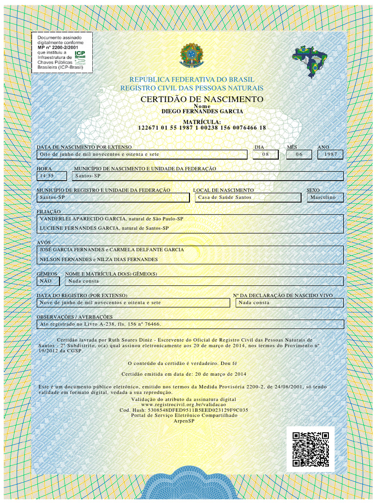 Certidão de Nascimento Diego Fernandes Garcia | PDF