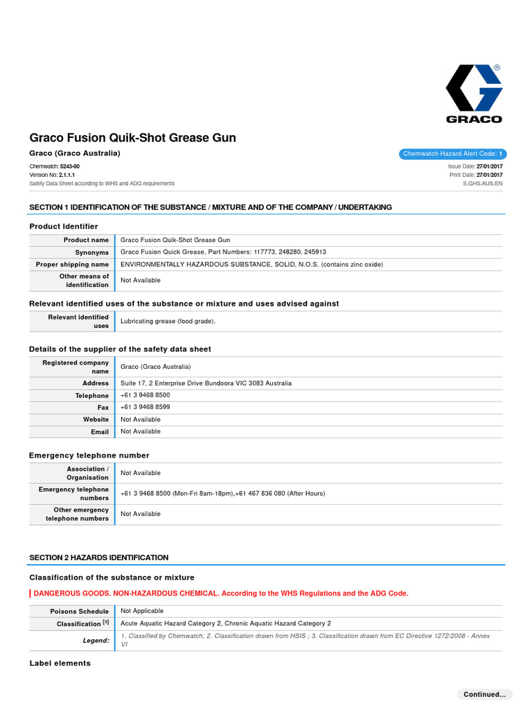 Graco Fusion QuikShot Grease Gun Chemwatch 524300 Version No 2.1.1