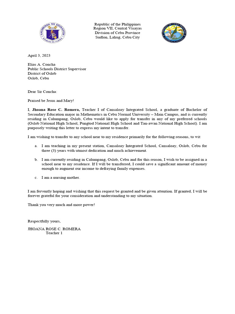 Application Letter For Transfer | PDF