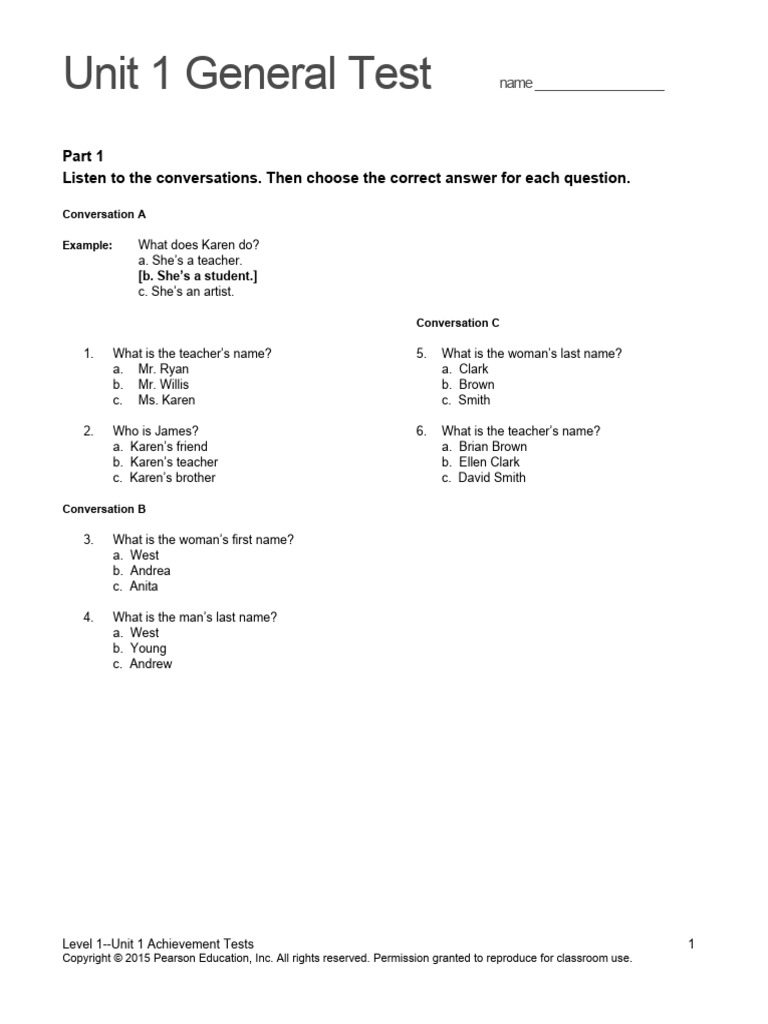 Top Notch 1 Unit 1 Assessment | PDF