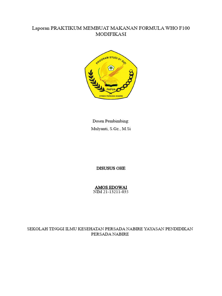 Laporan praktikum membuat makanan formula who f100 modifikasi pdf
