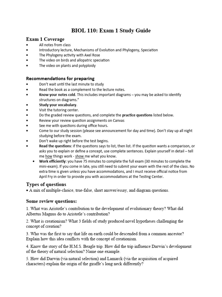BIOL 110 Exam 1 Study Guide | PDF | Phylogenetic Tree | Evolution