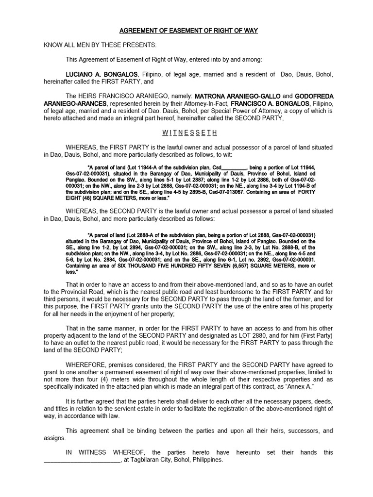 Agreement of Easement of Right of Way Bongalos PDF Easement