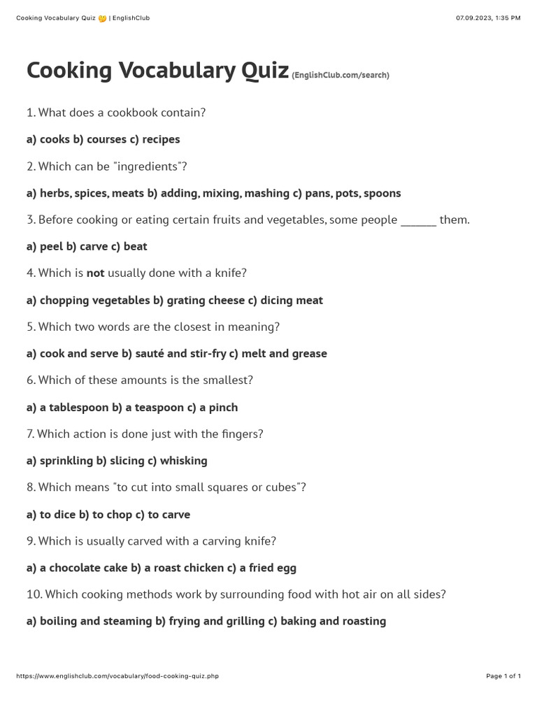 Cooking Vocabulary Quiz ? PDF