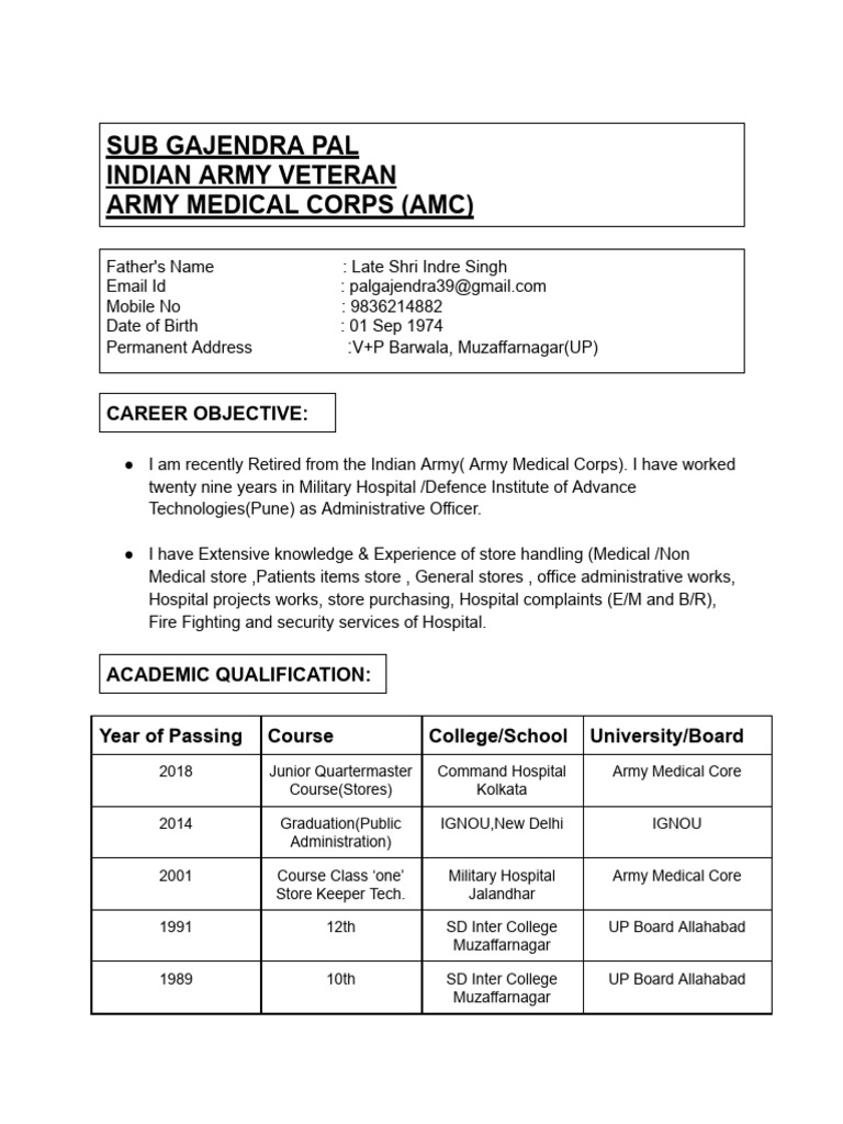 Army Medical Corps Veteran Profile | PDF | Business
