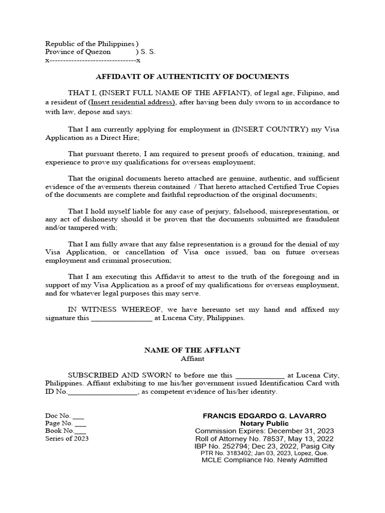 Affidavit of Authenticity for Visa Application | PDF | Affidavit | Justice