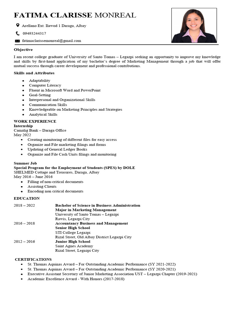 Marketing Graduate Resume - Fatima Monreal | PDF | Career & Growth