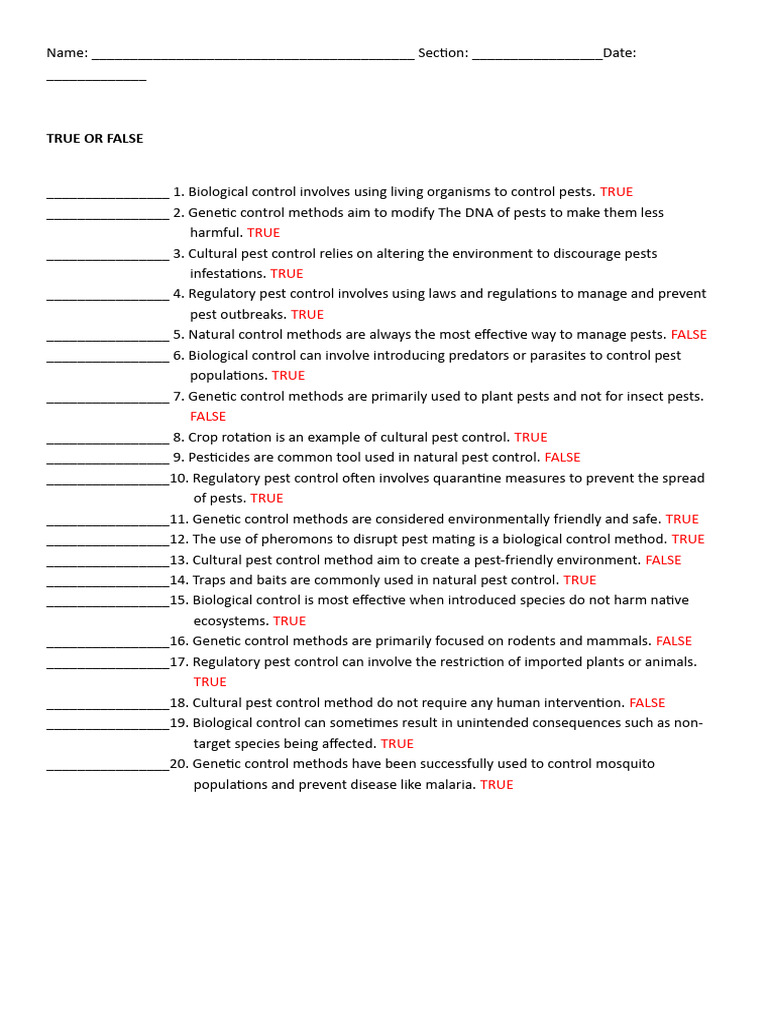 Quiz Pest Control Management Answer Key Copy PDF