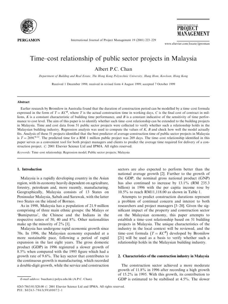 APC Time-Cost Relationship of Public Sector Projects in Malaysia | PDF