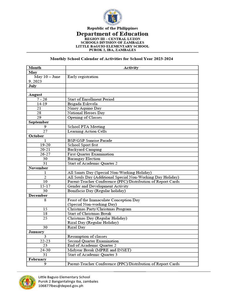 Monthly School Calendar of Activities for School Year 20222023 PDF