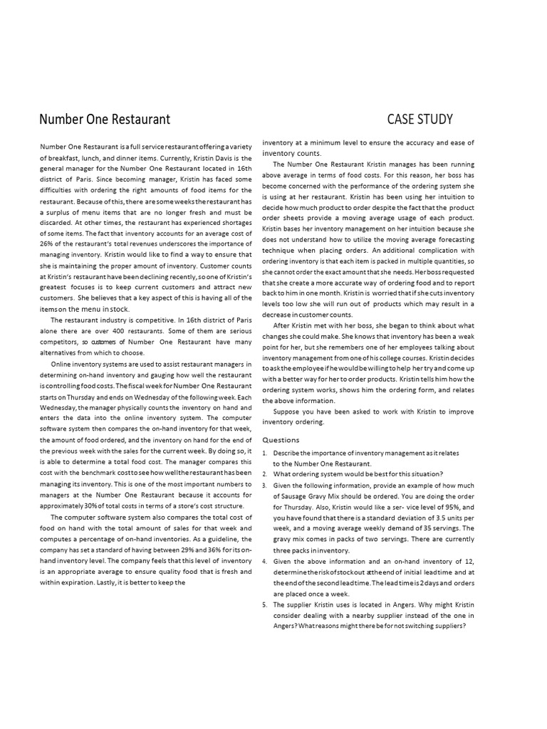 Case Study The Number One Restaurant PDF Inventory Restaurants