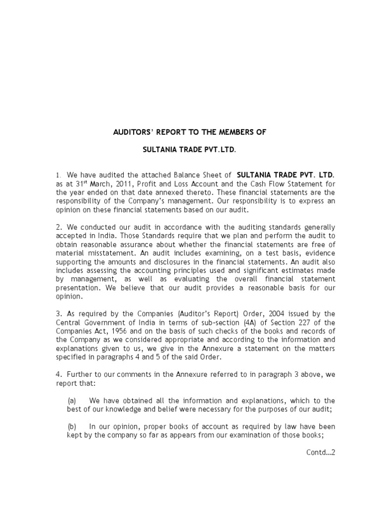 Auditors' Report for Sultania Trade Pvt. Ltd. | PDF | Financial Audit ...