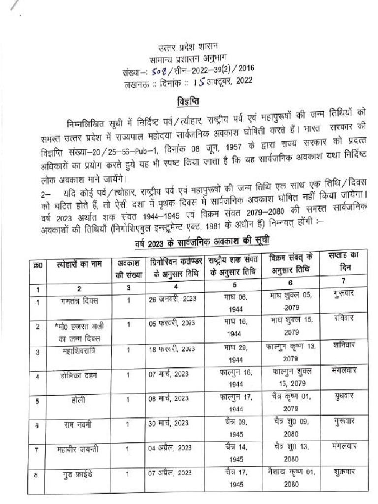 Uttar Pradesh Govt Holiday List 2023 PDF