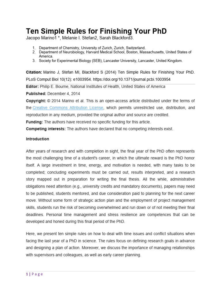 Ten Simple Rules For Finishing Your PHD | PDF