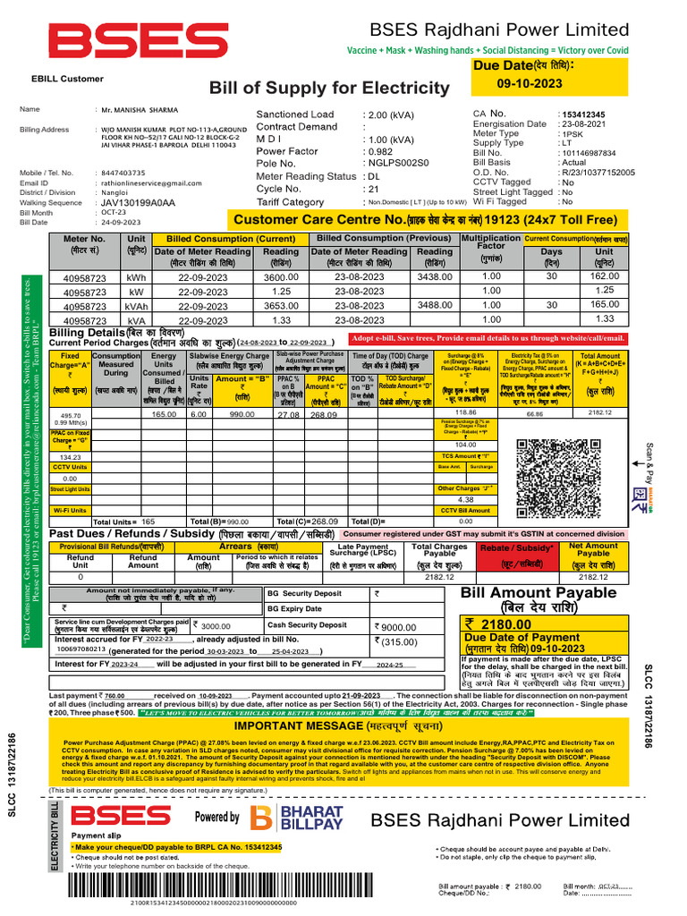 Bill of Supply For Electricity BSES Rajdhani Power Limited PDF