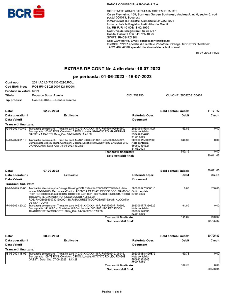 BCR Account Statement Summary | PDF | Banks | Institutional Investors