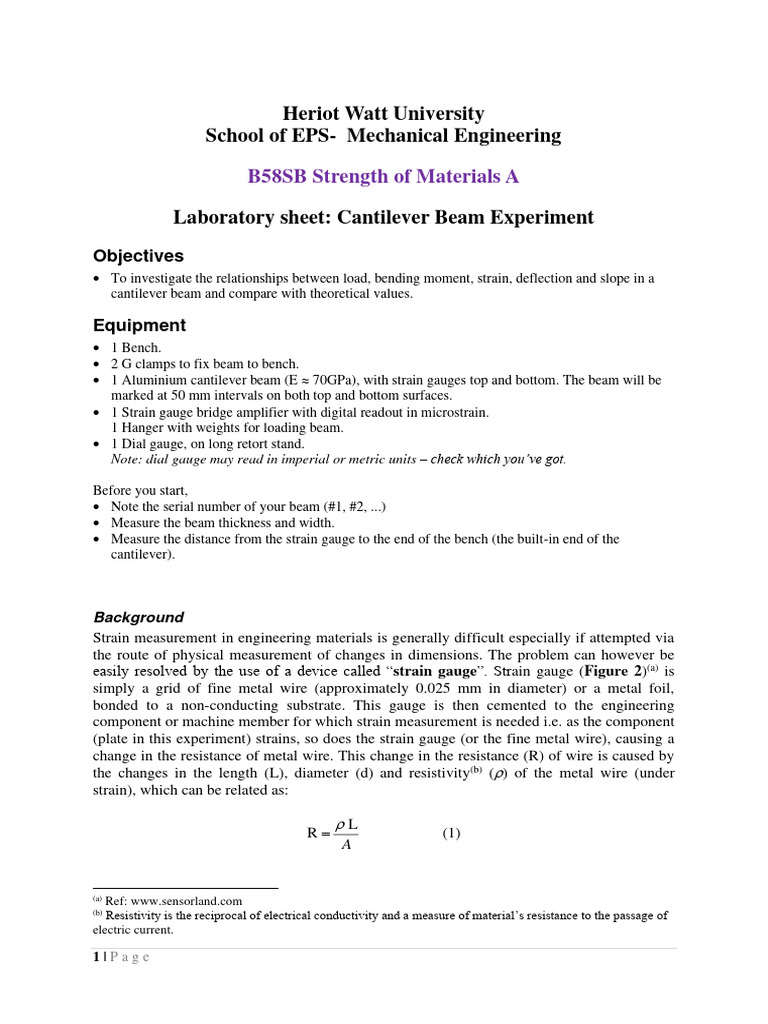 Cantilever Beam Strain Gauge Experiment | PDF | Bending | Beam (Structure)