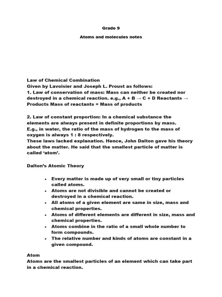 Grade 9 Atoms And Molecules Notes Pdf Ion Mole Unit