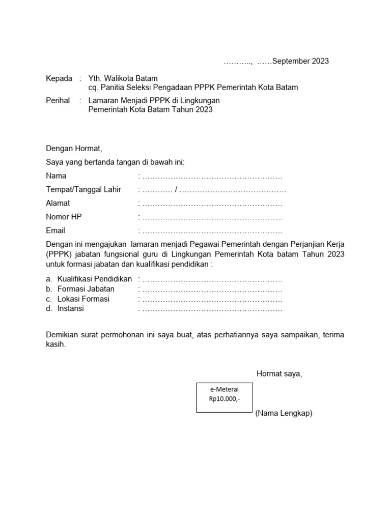 Format Surat Lamaran Pppk Guru 2023 | PDF