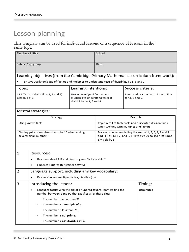 Prim Maths 6 2ed TR Example Lesson Plan 1 | PDF