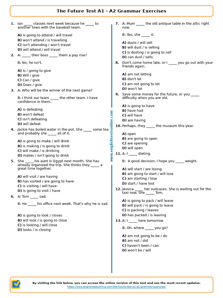 458 - The Future Test A1 A2 Grammar Exercises | PDF