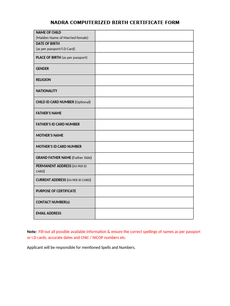 NADRA Birth Certificate Form Guide | PDF