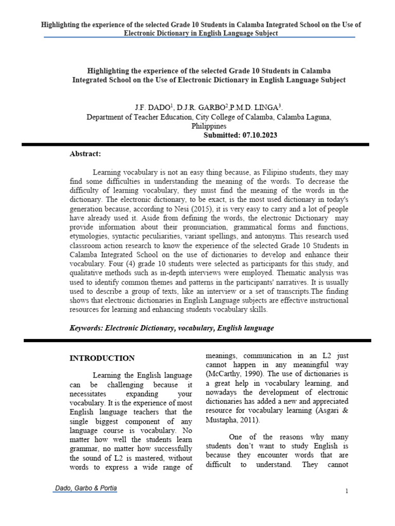 Highlighting The Experience of The Selected Grade 10 Students in ...