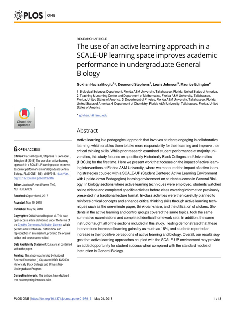 The use of an active learning approach in a scale up learning space