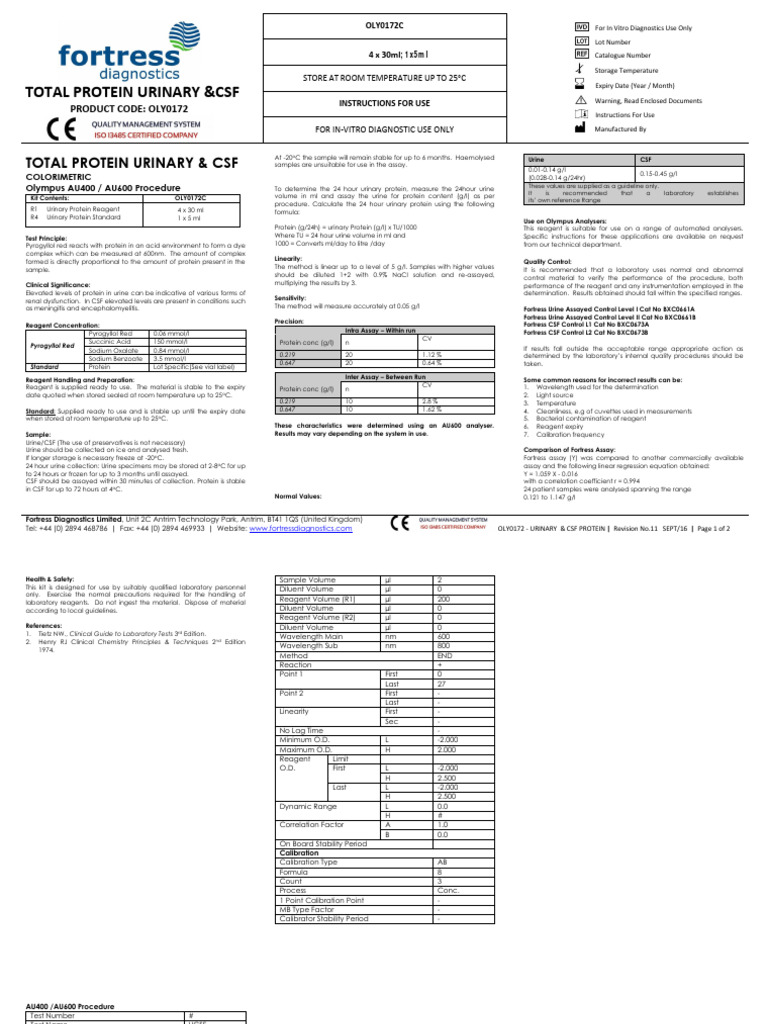 Urinary & CSF Total Protein Test Kit | PDF | Assay | Proteins