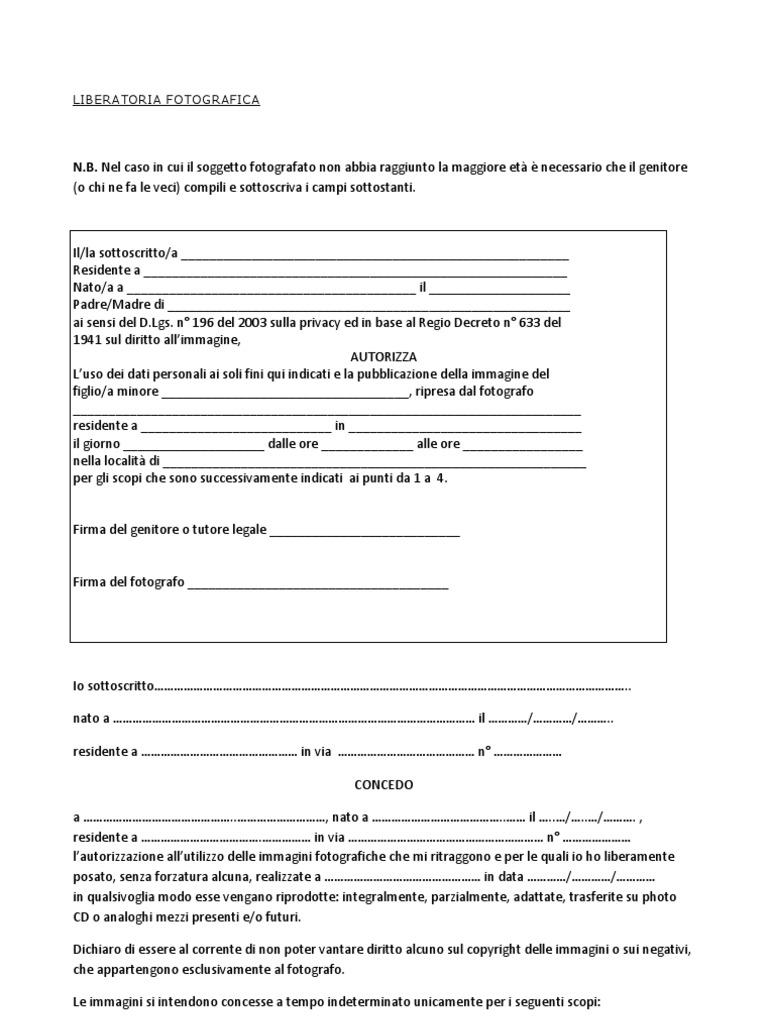 LIBERATORIA FOTOGRAFICA