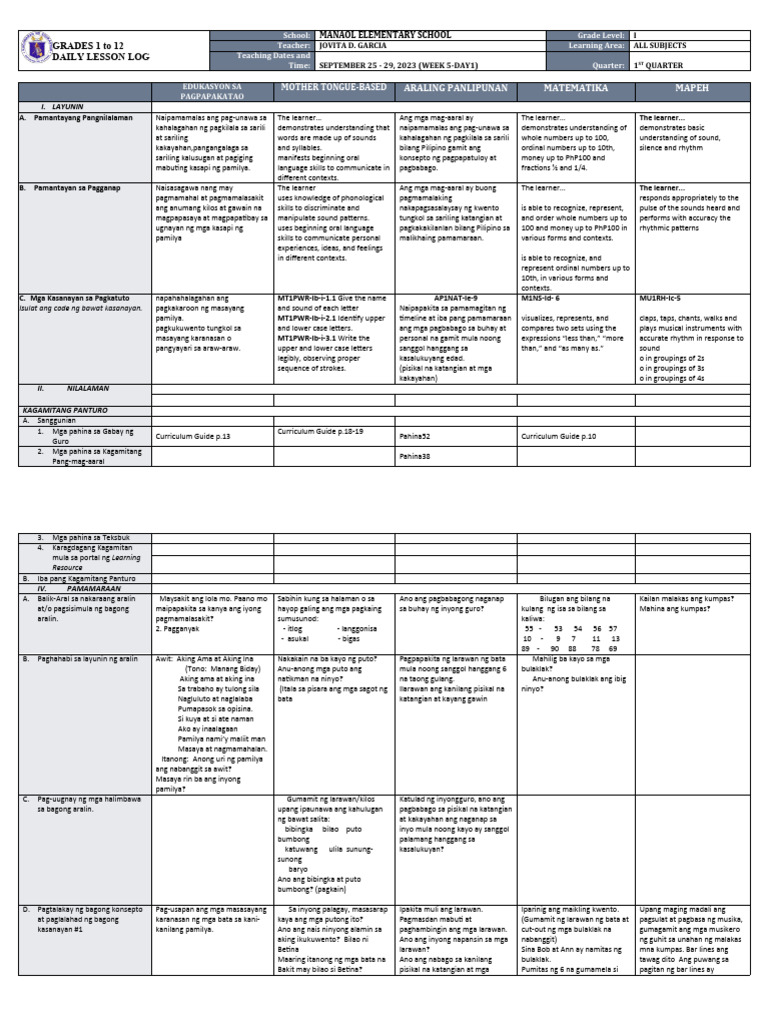 Daily Lesson Log for Grade 1 Subjects | PDF