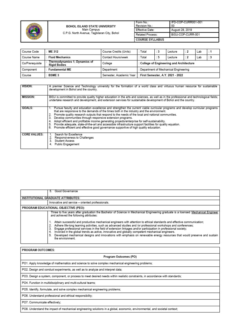 ME 312 Syllabus PDF Fluid Dynamics Fluid Mechanics