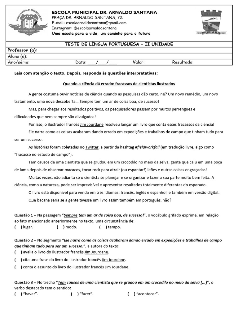 Teste Lingua Portuguesa 2 Unidade 2023 | PDF | Science | Linguística