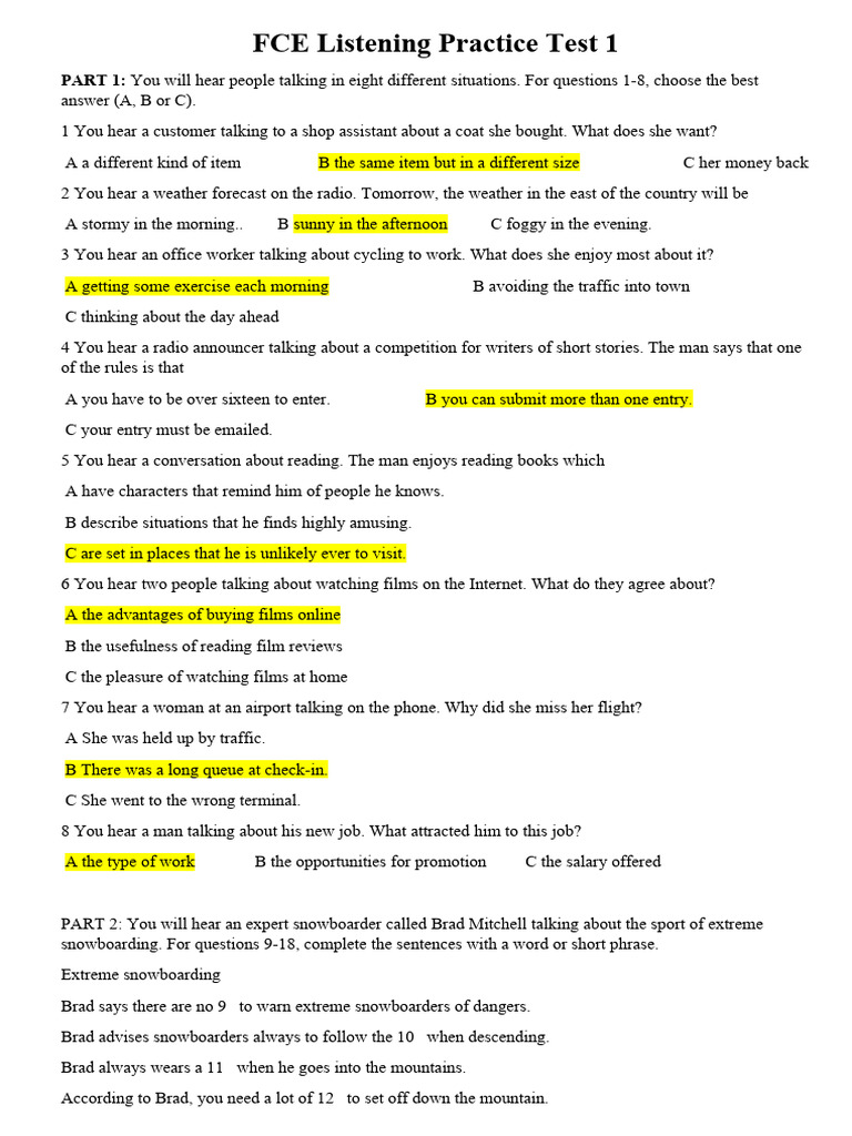 Fce Listening Practice Test 1 12 Báº N Word Pdf Teachers Bears