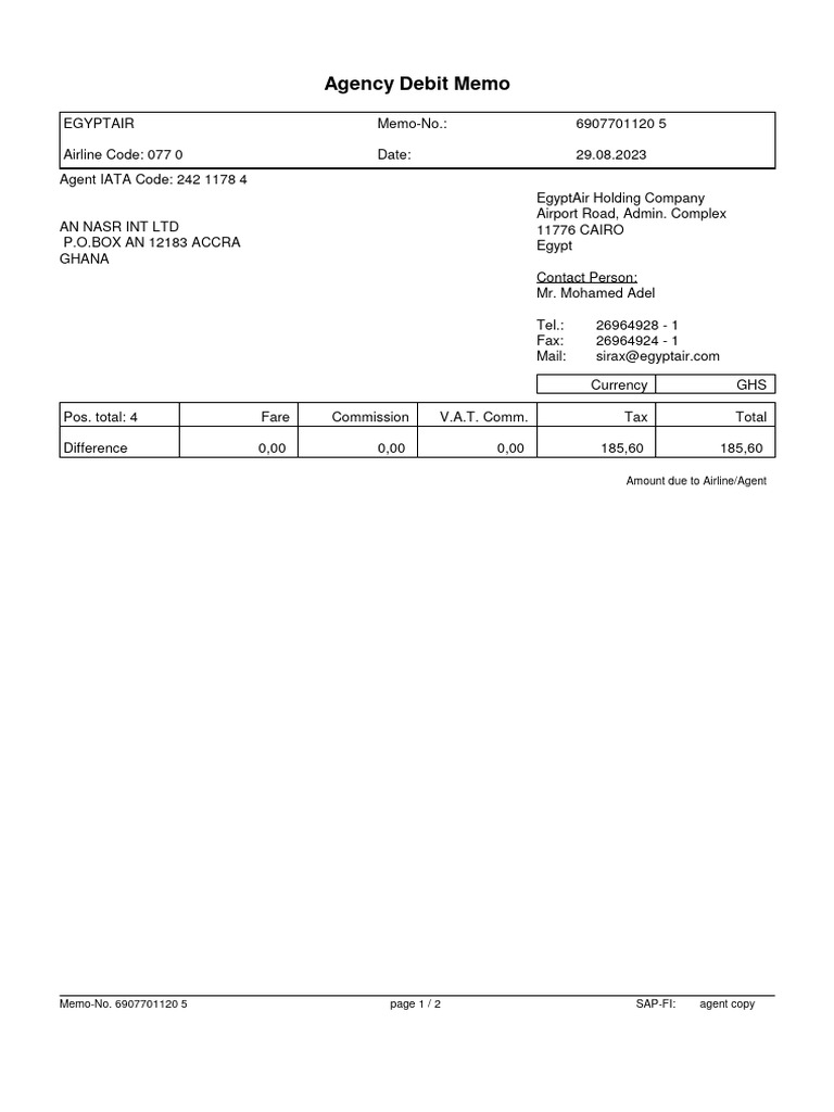 EgyptAir Agency Debit Memo Details | PDF | Transport Companies | Civil ...