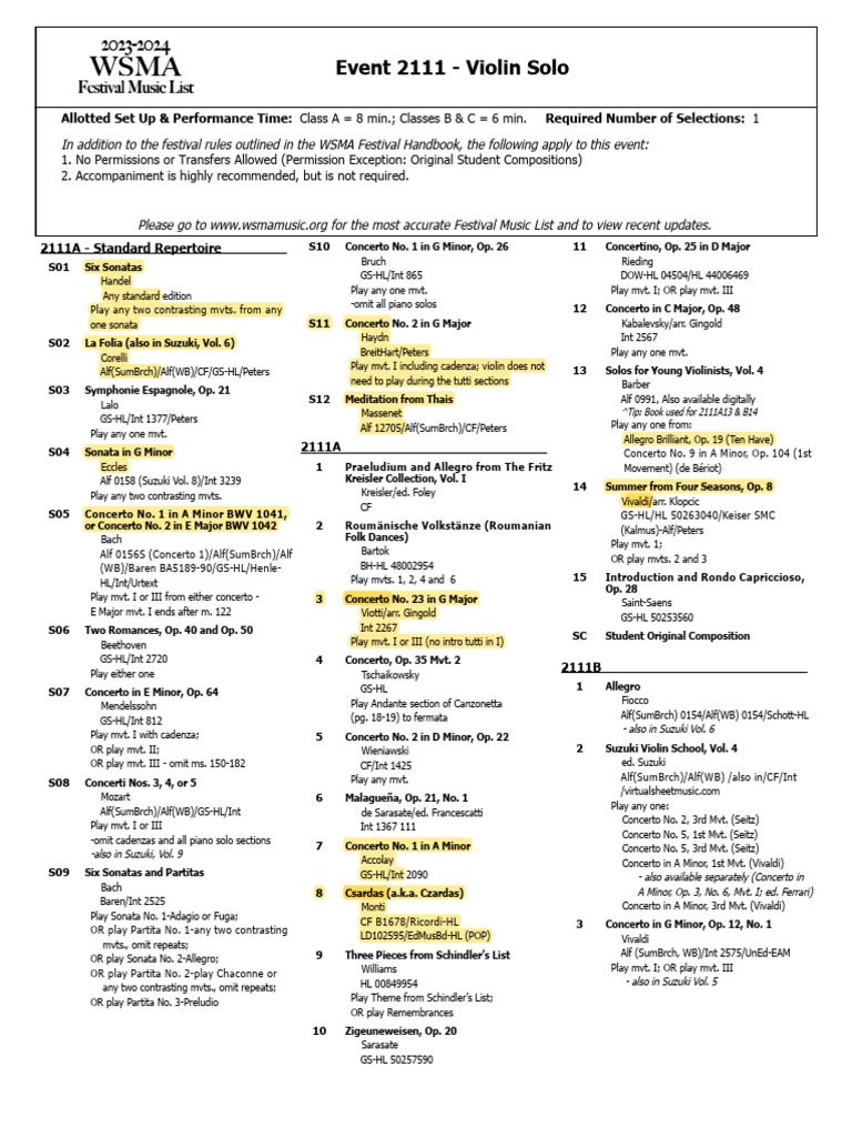 Violin and Viola WSMA 2023-24 List | Download Free PDF | Concerto | Viola