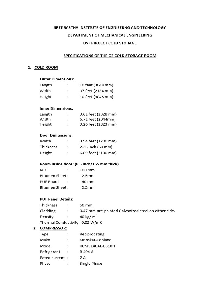 Cold Storage Room Specifications | PDF | Heat Exchanger | Pipe (Fluid ...